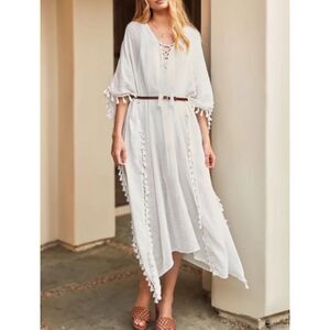 WALTER BAKER Fringe Acapulco Kaftan Swim Cover Up, Ivory, OS